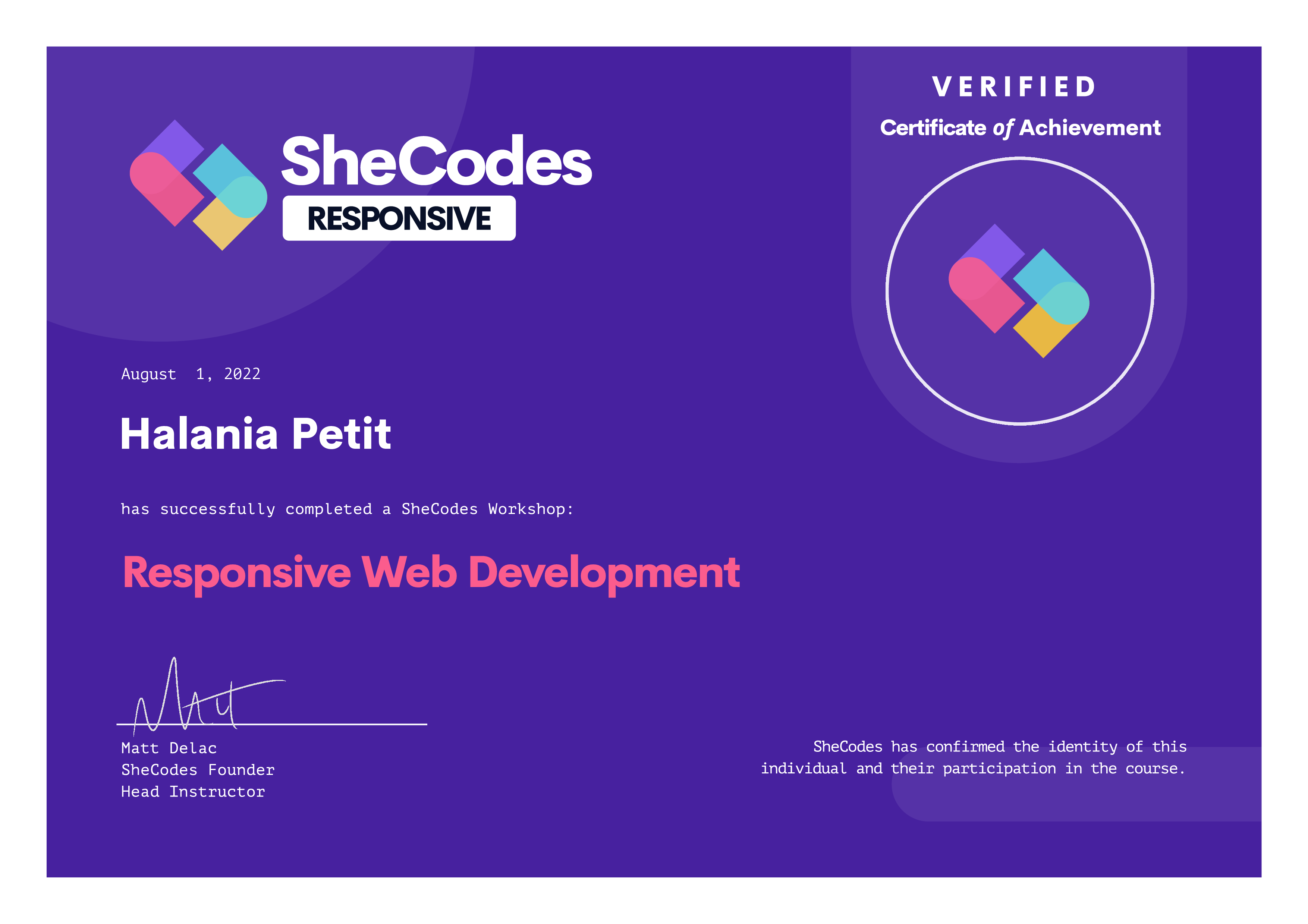 Photo of my SheCodes Responsive certification.